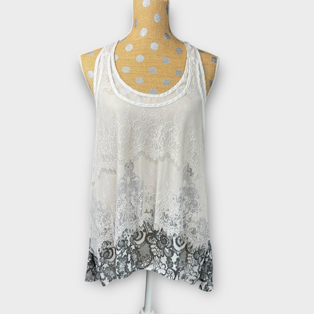 No Boundaries White Lace Racerback Tank Top Black Damask Print Juniors LG 11-13